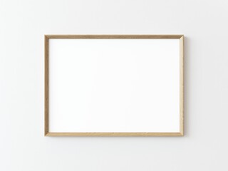 One wooden rectangular horizontal frame hanging on a white textured wall mockup, Flat lay, top view, 3D illustration