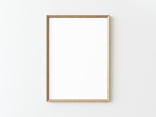 One wooden rectangular vertical frame hanging on a white textured wall mockup, Flat lay, top view, 3D illustration