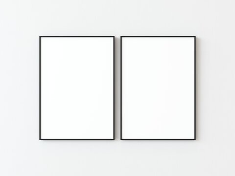 Two black thin rectangular horizontal frames hanging on a white textured wall mockup, Flat lay, top view, 3D illustration
