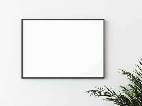 One black thin rectangular horizontal frame hanging on a white textured wall mockup with palm leaves to the right, Flat lay, top view, 3D illustration
