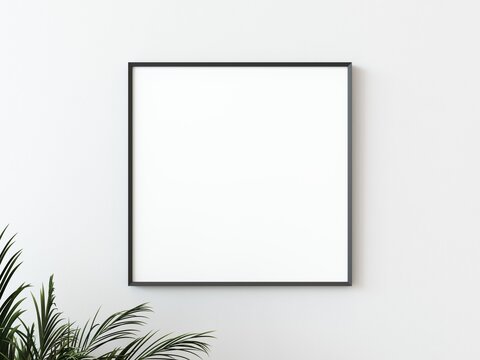 One black thin square frame hanging on a white textured wall mockup with palm leaves to the left, Flat lay, top view, 3D illustration