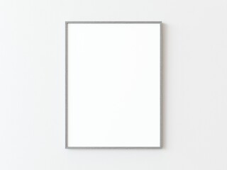 One grey  thin rectangular vertical frame hanging on a white textured wall mockup, Flat lay, top view, 3D illustration
