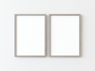 Two wooden rectangular vertical frame hanging on a white textured wall mockup, Flat lay, top view, 3D illustration