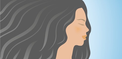 Woman with big hair in profile. Closed eyes. Relaxing, enjoying. Vector illustration. EPS10.