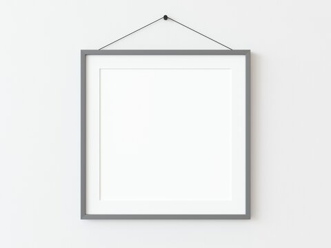 One grey square frame hanging on a white textured wall mockup, Flat lay, top view, 3D illustration