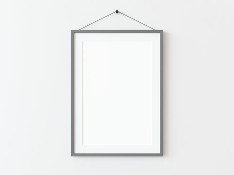 One grey rectangular vertical frame hanging on a white textured wall mockup, Flat lay, top view, 3D illustration