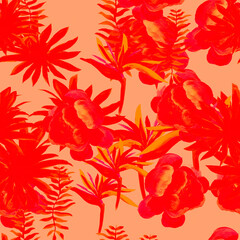 Fototapeta na wymiar Red Tropical Illustration. Ruby Seamless Textile. yellow Pattern Illustration. PinkSpring Palm. Coral Flower Plant. Scarlet Drawing Design. Decoration Botanical.