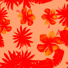 Fototapeta na wymiar Ruby Seamless Botanical. Red Pattern Plant. Coral Tropical Leaf. Pink Flower Plant. Scarlet Spring Leaves. Banana Leaves. Floral Plant. Watercolor Textile.