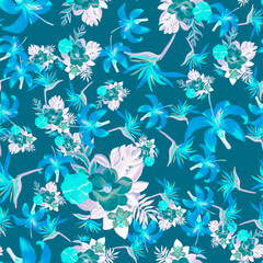Azure Pattern Background. Navy Seamless Art. Blue Tropical Nature. Indigo Flower Design. Gray Decoration Nature. Spring Palm. Summer Painting.