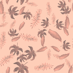 Fototapeta premium Gray Tropical Leaves. Coral Seamless Botanical. Pink Pattern Botanical. Decoration Foliage. Drawing Vintage. Floral Textile. Flower Nature. Wallpaper Painting.