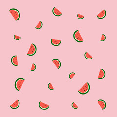 Trendy colorful pattern with randomly placed and sized melon. Seasonal summer cool background with red and green color accent, pink background. Pattern vector abstract graphic for print or clothes.