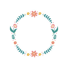 Floral round frame isolated on white background. Fashionable colorful design in cartoon style. Vector illustration