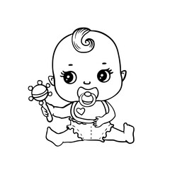 Cute baby in diaper with rattle for coloring page or book. Black and white vector 10 EPS illustration of cartoon child character.