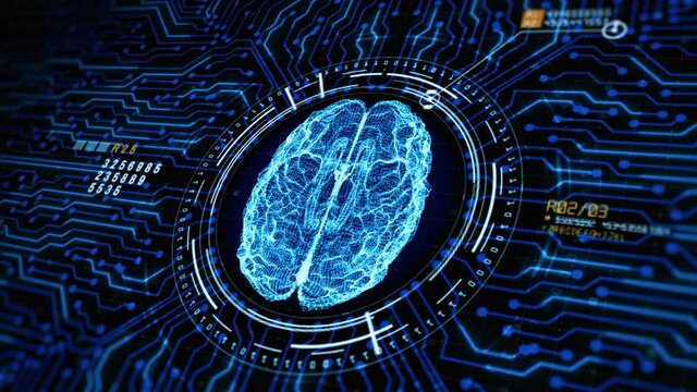 Artificial intelligence concept. Brain over the circuit board. HUD future technology digital background