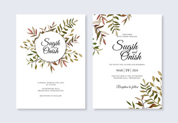Elegant wedding card invitation template with watercolor plant