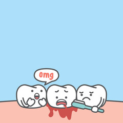 Blank banner dental cartoon of white teeth bleeding while cleaning by brushing with toothbrush illustration cartoon character vector design on blue background. Dental care concept.