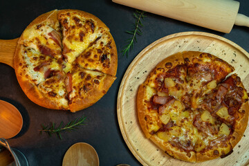 Delicious fresh pizza served on wooden plate, Hot Homemade Pizza Ready to serve.