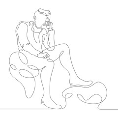 Male sitting in a chair and ponders. Thinker leader. Creative ideas in the workplace. Thinker leader. Creative ideas in the workplace.One continuous drawing line  logo single hand drawn art doodle iso