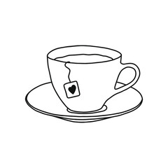 A cup of tea icon. Line drawing, isolated on white background.