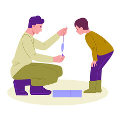 Family fishing concept. Father and son watch fishing tackle. Vector illustration in flat cartoon style. Isolated on a white background.