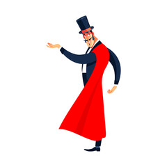 Showman. Young male entertainer, presenter or actor on stage. The guy in the red cloak and the cylinder. Cartoon vector illustration isolated on a white background
