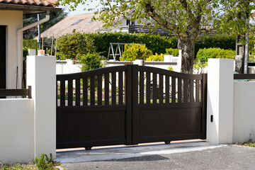 street suburb portal home brown dark metal aluminum house gate garden access door