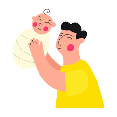 Happy father with newborn child. Illustration on white background. 