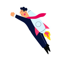 Businessman flying up with rocket on his back. Vector illustration on white background.