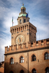 Torre degli Accursi and Palazzo Accursio. Clock tower and City hall in downtown of Bologna (XIII...