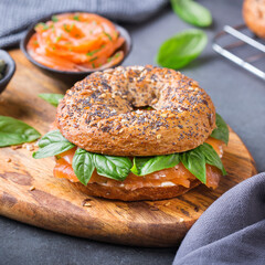 Bagels with cream cheese and salmon. Plating, fast lunch, meal. 