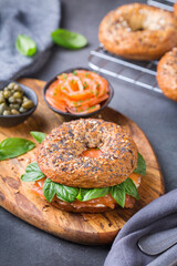 Bagels with cream cheese and salmon. Plating, fast lunch, meal. 