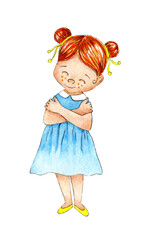 Watercolor illustration of a little red-haired girl in a blue dress and yellow shoes hugs herself. Love yourself, love your body, motivation. Take time for yourself. Isolated on belm background. 