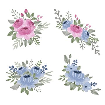 set  pink and blue watercolor roses bouquet  for greeting card, set beautiful pink and blue roses watercolor flower