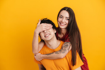 Happy multiethnic couple wearing t-shirts