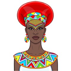 Animation portrait of the beautiful African woman in ancient clothes and jewelry. Color drawing. Vector illustration isolated on a white background. Print, poster, t-shirt, card.