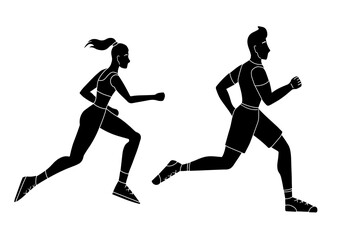 Fototapeta na wymiar Set of black silhouettes of running man and woman. Jogging. The modern persons involved in sports. Icons and logos of marathon athletes. Vector flat illustration