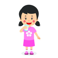 Happy Kid Girl Drinks Milk