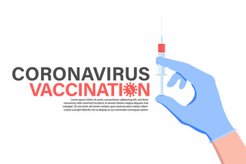 Coronavirus vaccine COVID-19. Vaccine and vaccination against virus, flu. Hand in blue glove of doctor, nurse, scientist hold a filled syringe. Horizontal banner. Vector illustration on white.