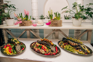 Gourmet restaurant dishes of baked sturgeon 