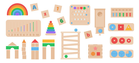 Vector Set of Montessori style toys. Children wooden eco friendly logic games for preschool kids. Playthings for baby development. Collection of educational elements for early childhood development.