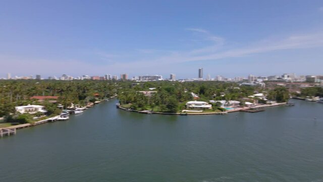 Aerial view overlooking the key Biscayne and downtown, Miami - pan, drone shot