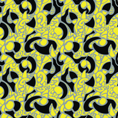 Art pattern on black background with Ultimate Gray and Illuminating geometric shapes. Abstract modern print. Seamless vector texture. Vector creative design.