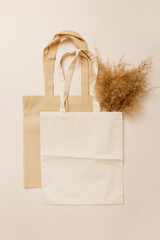 Eco fabric shopper bag with dry pampas grass on light-beige background. Natural eco-friendly style....