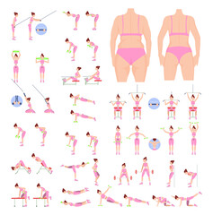 The girl before and after. Fat-burning workout. Back exercises. Training with inventory. Girl  exercises. Toned body. Woman's back before and after weight loss. Vector illustration.