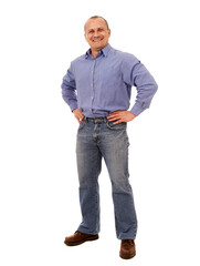 Happy businessman in full length on white background, hands on hips