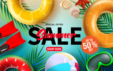 Summer sale vector banner design. Summer sale shop now text with  special offer up to 50% off beach element like floater, beach ball and flippers for holiday season promo discount. Vector illustration
