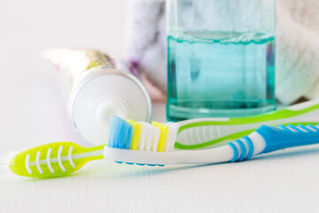 toothbrush ,toothpaste ,mouthwash health care for oral cavity arrangement flat lay style on background white