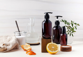 Eco-friendly natural cleaning products such as soda, lemon, vinegar. The concept of zero waste....