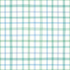 Check pattern in green. Vector seamless repeat of hand drawn checked gingham design. Cute geometric illustration.
