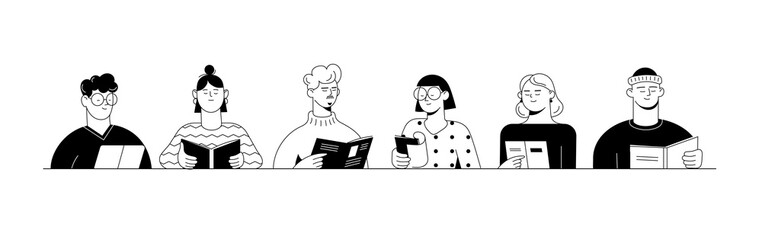 Collection of people reading or students studying and preparing for an examination.